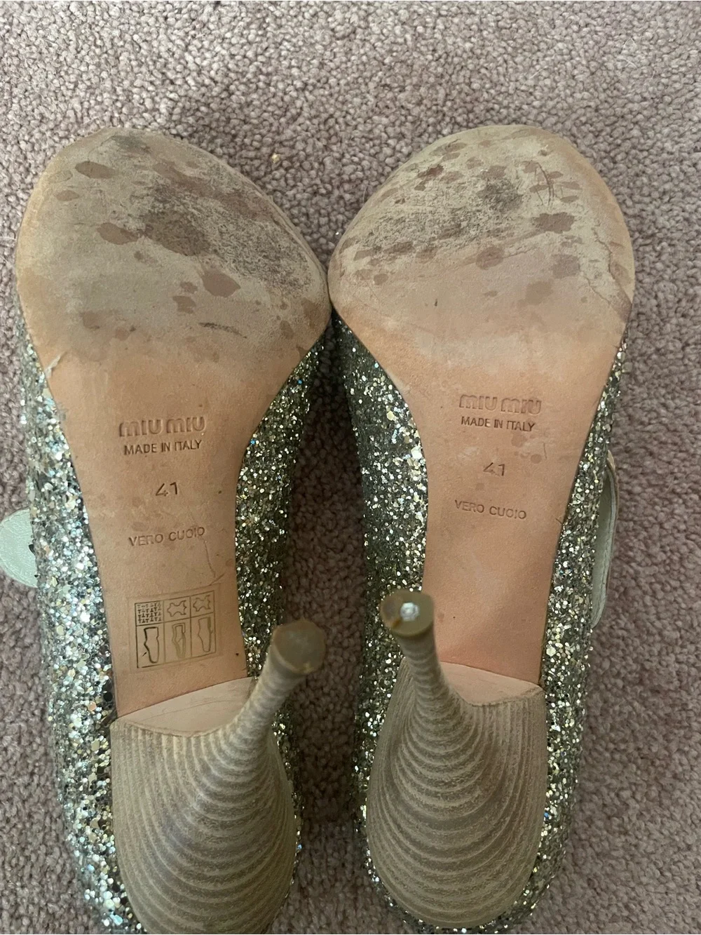 Miu Miu Glitter Peep-Toe Mary Jane Women's Shoes - Gold